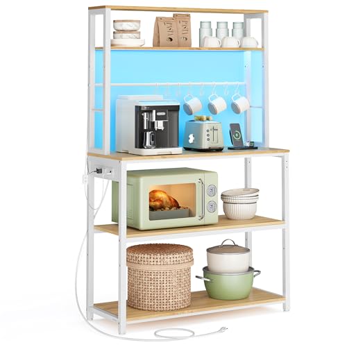 Image of VASAGLE Coffee Bar with LED Lights, Kitchen Bakers Rack with Power Outlet, Microwave Stand with Adjustable Shelves, 8 Hooks, 15.7 x 31.5 x 65.7 Inches, Golden Oak and Matte White UKKS050Y01