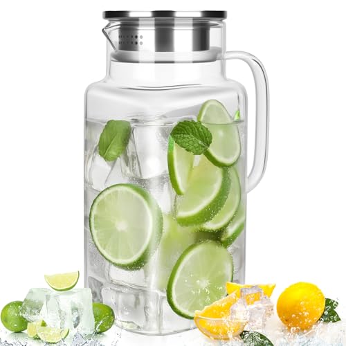 Caraffa Vetro 1,5 Litre Brocca Acqua Vetro con Coperchio in Acciaio Inossidabile,Trasparente e Resistente Calore Borraccia Bottiglie per Acqua Fredda e Calda,Succo di Frutta,Caffè,Tè
