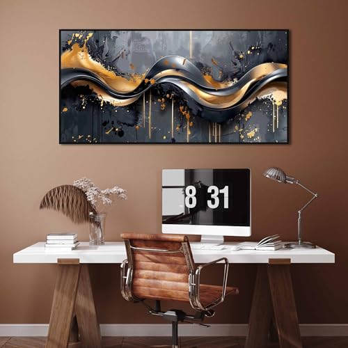 Image of AOZEMI Elegant Black and Gold Wall Art Abstract Art for Office Decor | Stylish Large Artwork Comes With a Black Frame and Is Ready to Hang for Living Room Bedroom 59 inchL x 29 inchW