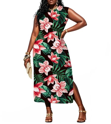 Image of UOUA Women Summer Maxi Dresses Plus Size Casual Hawaiian Sundress Sleeveless Loose Split Beach Dress with Pockets