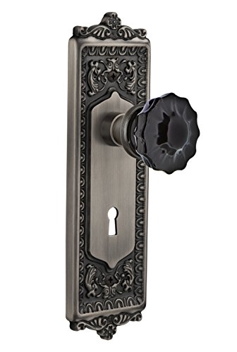Nostalgic Warehouse 727369 Egg & Dart Plate with Keyhole Privacy Crystal Black Glass Door Knob in Antique Pewter, 2.375