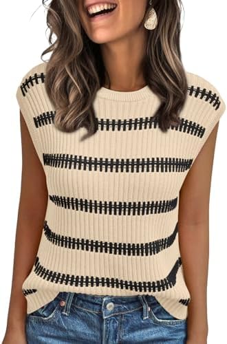 LILLUSORY Cap Sleeve Sweater Tank Tops for Women Fall Striped Kni...