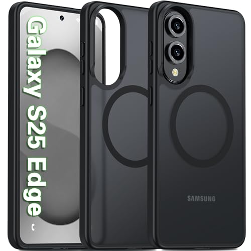 Image of Oterkin Magnetic for Samsung Galaxy S25 Edge Case Matte, S25 Edge Phone Case Compatible with MagSafe Frosted Translucent Shockproof Anti-Scratch Slim Fit Case Military Grade Protection (Black)