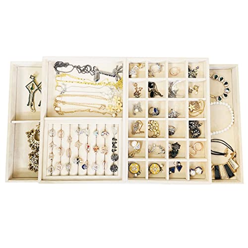 La Trove Set of 4 Jewelry Stackable Trays for Drawers, Earring Necklace Rings Jewelry Storage, Organizer for Women,Soft Felt Interior (Cream,30 x 20 x 3.5cm, Velvet)