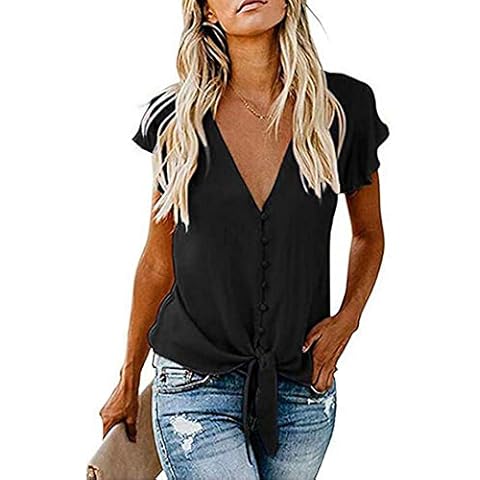 Yutila Womens Summer Short Sleeves Button Down V-Neck Blouses Shirt Ruffle Cap Sleeve Tie Knot Tops Black Cover