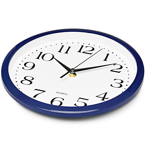 Image of Bernhard Products Navy Wall Clock Silent Non Ticking - 10 Inch Quality Quartz Battery Operated Round Easy to Read Home /Kitchen /Office /Classroom /School Clock