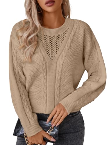 Vintage Cable Knit Sweater Women, Crew Neck Long Sleeve Chunky Sweaters, Loose Pullover Jumper Top Casual Fall Outfit