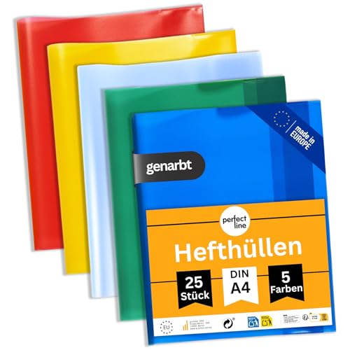 perfect line 25 Hefthüllen DIN-A4, 5 Farben, Heftumschlag transparent genarbt, Heftschoner aus recyclebarem PP, dokumentenecht
