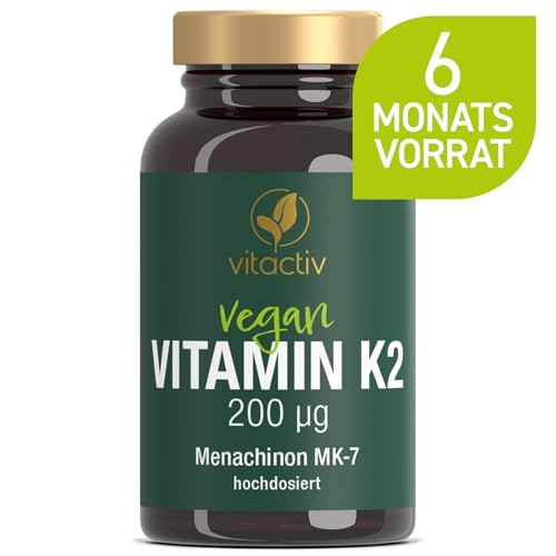 VITACTIV Vitamin K2 Tabletten 200 µg - 180 Stück (180) - Vitamin K2 MK7 All Trans Menaquinon - Für Knochen & Blutgerinnung, Alternative zu K2 Tropfen - Hochdosiert, hohe Bioverfügbarkeit, Vegan