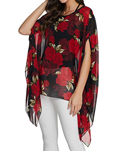 Rokou Women Chiffon Blouse Floral Batwing Sleeve Beach Loose Tunic Shirt Tops (Color2) #TOP3