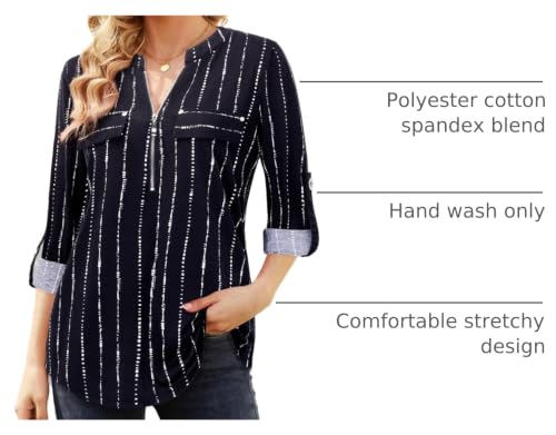 Image of Bulotus 3 /4 Length Sleeve Womens Striped Tops Zipper V Neck Collared Blouses Business Casual Tunics 2026 Spring Trendy