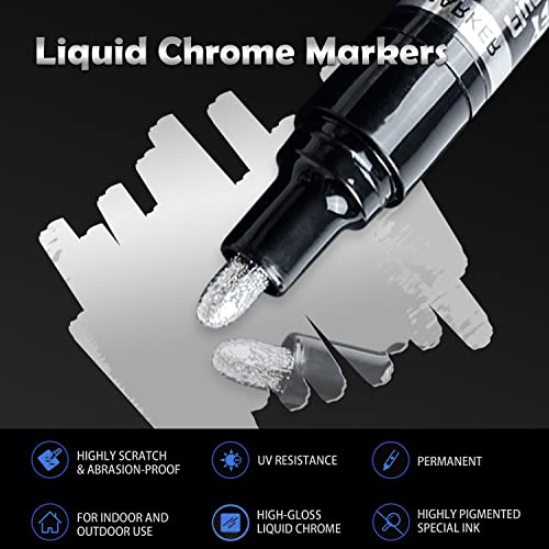 San Jeirie SJ-220110 3Pcs Silver Liquid Mirror Chrome Markers, Permanent Reflective Liquid Chrome Paint Pens Set, High Gloss Art Car Diy Model Repair Markers Set For Plastic Metal Glass Ceramic thumb #2