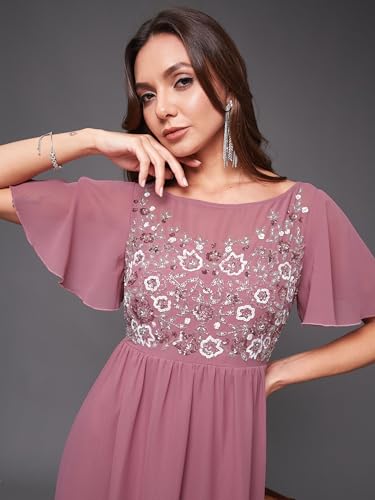 Image of Miss Chase Women's Round Neck Sleeve Embellished Fit Flare Maxi Dress