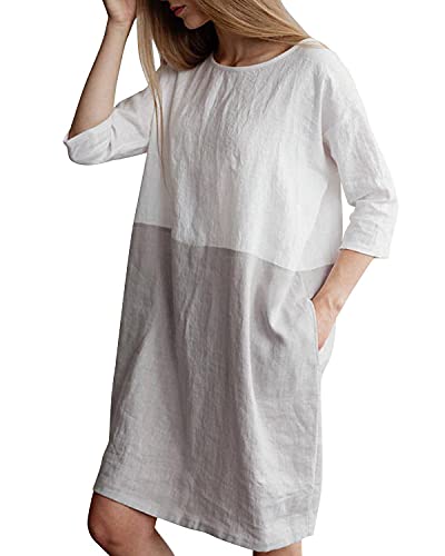 HIUPEB Women's Plus Size 3/4 Sleeve Loose Cotton Linen Top Shirt Dress Light Gray XL