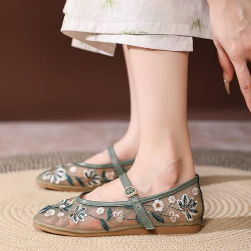 BEAUPAS Women's Floral Embroidered Mary Jane Flats Mesh Ballet Shoes with Buckle Strap3