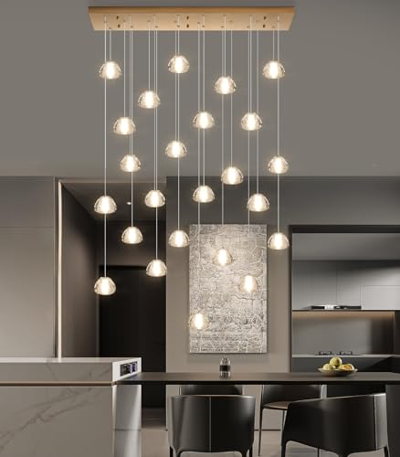 Image of 24-Lights Modern Crystal Rectangular Chandelier LED Raindrop Ceiling Pendant Light Crystal Lighting Fixture for Living Room Hotel Staircase Hallway Foyer Entryway Bedroom Gold