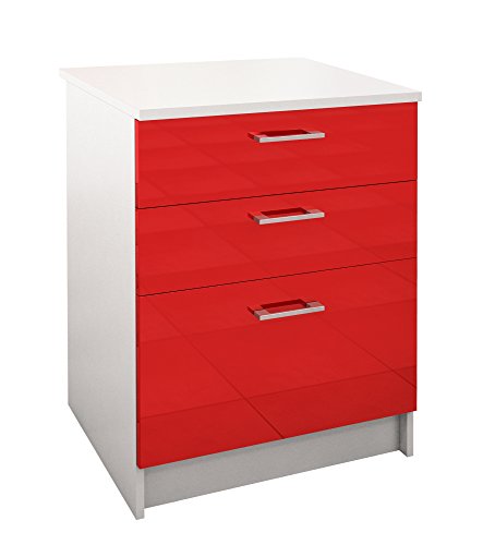 Berlioz Creations PRIMA PG6B3TR Meuble Bas de Cuisine avec Plan de travail , 3 Tiroirs décors Rouge Brillant 60 x 60 x 85 cm, Fabrication 100% Française