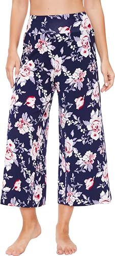 Image of GYS Bamboo Viscose Wide Leg Capri Pants for Women, Ultra-Soft Pajama Bottom | Lightweight Culottes Cropped Lounge Pants, Flowy Yoga Pants, High Waist PJ Bottoms, Knitted Ladies Gaucho Pants