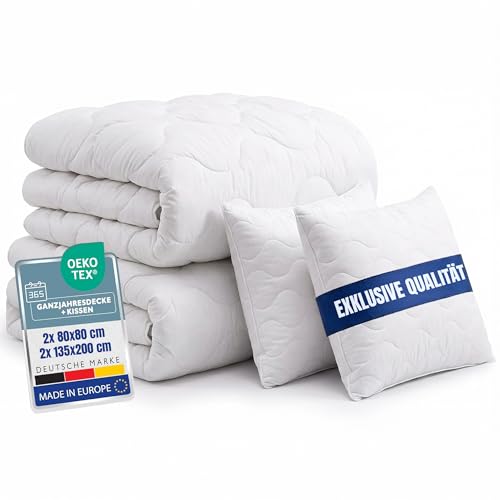 Home Oase Bettdecken Set 4-teilig - 2X Ganzjahres Decke 135x200 + 2X Kissen 80x80 cm - ÖKO-TEX Zertifiziert - pflegeleicht waschbar bis 95 - Bettenset weich & atmungsaktiv - Made in EU