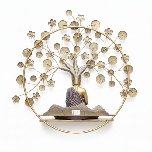 Image of buddha Metal Tree of Life with Meditating Buddha Wall Art with LED Backlight - 32x32 Inches, Golden & Bronze Finish, Perfect for Living Room, Office & Gifting