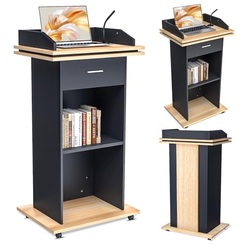 Púlpito de madera con cajón extensible y ruedas, atril de madera maciza de alta calidad con compartimento de almacenamiento de doble capa, atril para iglesia, discurso, escuela, seminario (110 x 46 x