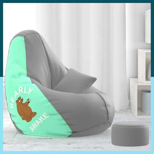Image of Biggie Bean Faux Leather Bag with Beans Filled XXXL Bean Bag with Free Cushion Footrest - Official : Printpuff Combo (Matching Color : Printed, Bearly Awake - Light Grey Peach)