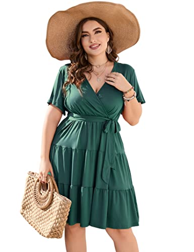 KOJOOIN Women Plus Size V Neck Wrap Dress High Waisted Short Sleeves Summer Casual Midi Dress with Belt