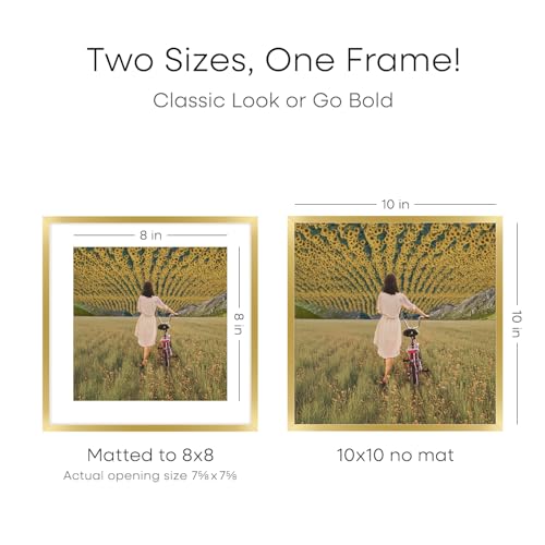 Image of Homeforia 10x10 Gold Picture Frame, High-End Metal, 8x8 Mat, Glass | High End Aluminum, Tempered Glass, Acid-Free 8x8 Removable Mat, 10x10 in Edge-to-Edge Display 10x10, Wall Kit, Set Of 4