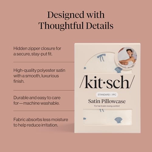Image of Kitsch Satin Pillowcase with Zipper for Hair & Skin - Softer Than Silk Pillow Cases, Smooth Cooling Satin Pillow Case, Wrinkle-Free Pillow Cases Standard Size - Pearlized Cream & Coastal Blue Print