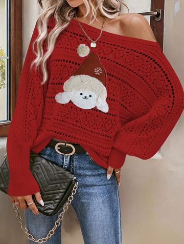 Image of Cakulo Womens Off Shoulder Ugly Christmas Sweater Top Fall Outfits Fashion 2025 Oversized Knit Crochet Sweaters Xmas Dog M