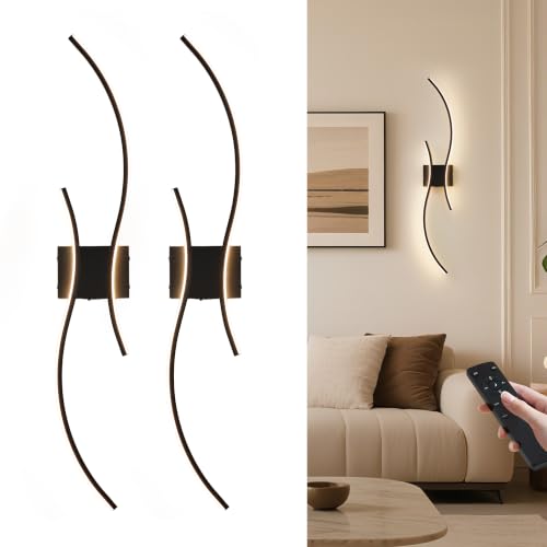 Battery Operated Wall Sconces Set of Two with Remote Control, Battery Wall Light, Stepless Colors 3000K-6000K & Dimming, Black Rechargeable Wall Sconces for Living Room, Hallway, Bedroom, 31.5 Inch