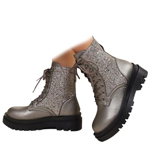 ZPLMIDE Botines de plataforma con cordones y lentejuelas para mujer, botas de invierno de piel sintética brillante para fiestas, uso diario casual, gris, 39.5 EU
