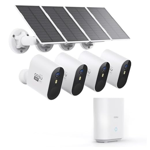 AOSU 5MP Caméra Surveillance WiFi Extérieure sans Fil, Solar Security Cameras Kit, Base+4 cam, sans Abonnement - Enregistrement Local, Angle de Vue 166°, Vision Nocturne, Détecteur de Mouvement, IP67
