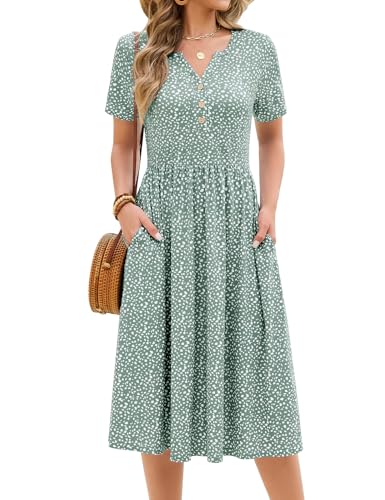 CMTOP Vestidos Verano Mujer Elegantes Cuello V Vestido Midi Manga Corta Sueltos Vestido Flores Jacquard Casual Vestidos de Playa con Bolsillos (Estampado Floral Verde, XXL)