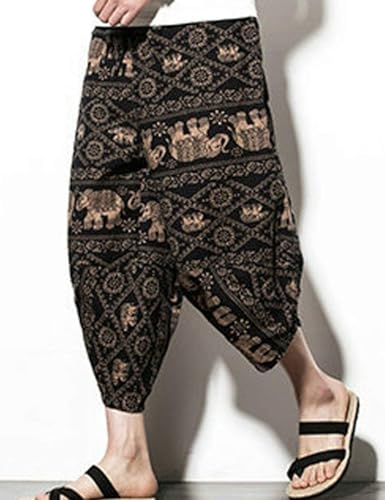 Flygo Men's Ethnic Stylish Drawstring Elastic Waist Loose Fit Baggy Linen Harem Capri Pants2