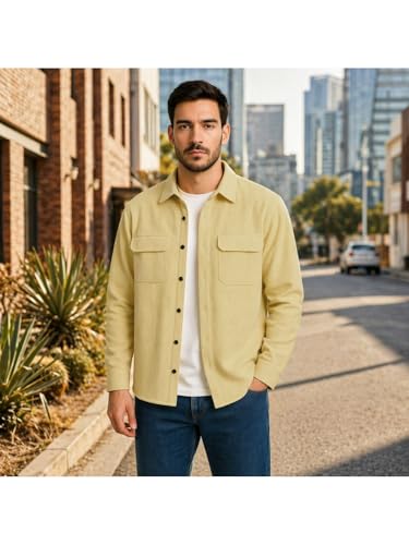 Image of DEELMO Men's Cotton Polyester Corduroy Shirt with Textured Pattern Spread Collar Full Sleeves Dual Pocket Front and Button Down Closure | Textured Shirts for Men | Shirts for Men Stylish