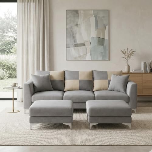 Image of Juliet 4 Seater L Shape Sofa Set with Movable Ottomans | Flexible Layout | Rich Velvet Suede Fabric | Silver Legs | Modern Sofa for Living Room (Light Grey)