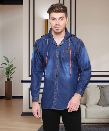 Image of Kuons Avenue Men's Denim Hooded Casual Shirt | Full Sleeve | Regular Fit | Hooded Collar - Stylish Everyday Wear