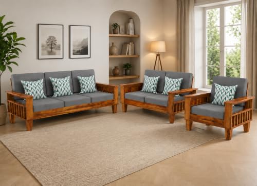 Image of Sheesham Wood 6 Seater Sofa Sets for Living Room Wooden 6 Person Sofa Set Without Coffee Table | Sofas Six Seater for Office (3+2+1,Honey Finish)