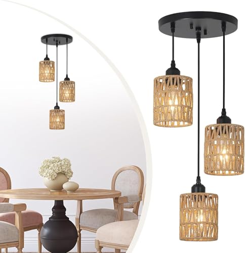 Image of 3 Lights Rattan Pendant Light, Farmhouse Dining Room Light Fixtures Ceiling Hanging, Boho Pendant Lighting with Hand Woven Wicker Shades for Kitchen Island Living Room Bedroom Foyer Hallway