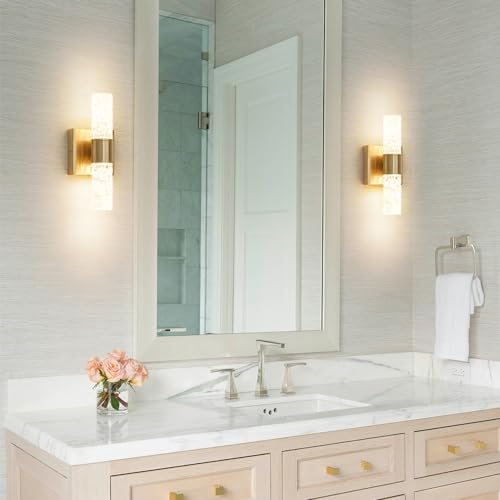 Image of Crystal LED Wall Sconces Set of 2, Brushed Gold Bathroom Light Fixtures, Modern Bathroom Sconce Lights with Wired LED for Bedroom,Living Room,Hallway | Gold Vanity Wall Lighting & Crystal Wall Decor