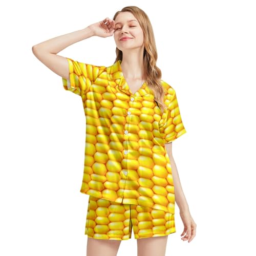 Image of Funny Satin Pajamas Set for Women Button Down Sleepwear Print Pjs Set 2 Piece Short Sleeve Loungewear Gift for Women