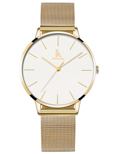 Alienwork Armbanduhr Damen Gold Metall Mesh Armband Edelstahl Weiss Ultra-flach dünn