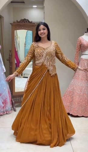 Image of indo Western Crep Silk Lehenga Set with Fully Stitched Blouse and Embroidered Koti Jacket for Women Lehenga Choli Musterd