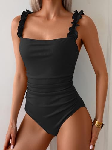 Eomenie Women's One Piece Swimsuit 2025 Tummy Control Square Neck Bathing Suit Ruffle Straps Ribbed Swimwear4