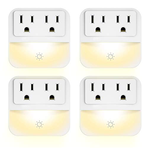 Plug-in Night Light with 2-Outlet Extender, POWRUI Warm White LED Nightlight with Dusk-to-Dawn