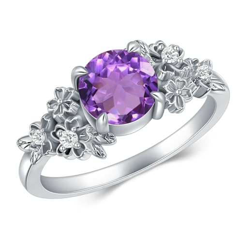 Amethyst Flower Ring for Women, 925 Sterling Silver Round Cut Promise Ring, Purple February Birthstone Jewelry, Valentine's Day Gift for Her