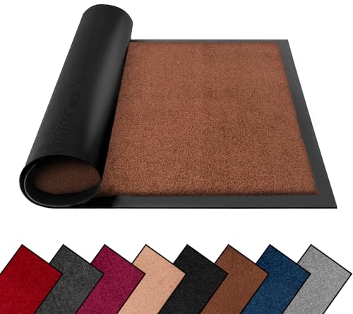 FB FunkyBuys Washable Dirt Trapper Door Mats Indoor & Outdoor, Heavy Duty Non Slip Doormats, Rubber Backed Floor Mat, Super Absorbent Front Door Mat, Entrance Rug (Brown-Plain, 80cm x 120cm)