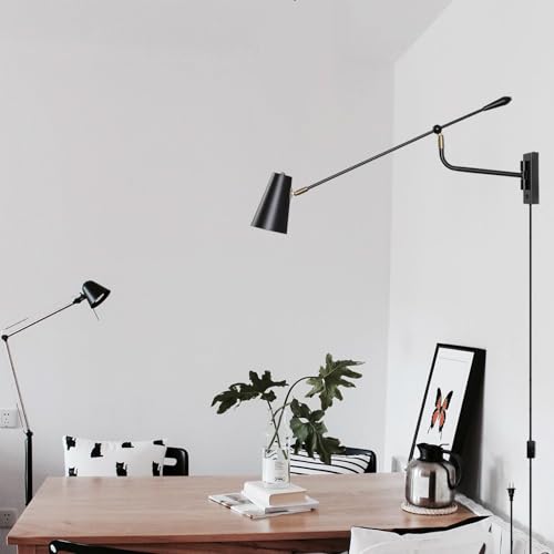 Image of 33 inch Large Black Rotatable Movable Long Pole Swing Arm Wall Sconce | Adjustable Direction Dual Power Modes Hardwired /Plug in Wall Light, Vintage Industrial Wall Lamps for Living Room Bedroom
