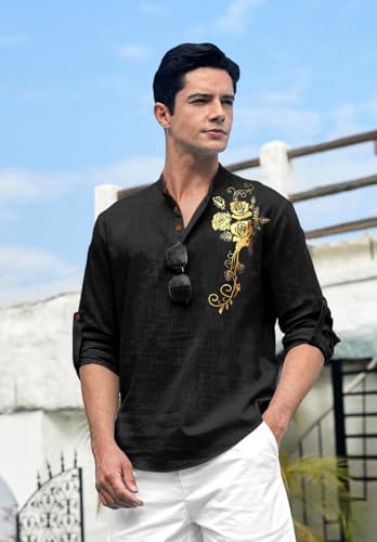 Image of Zombom Men's Cotton Polyester Blend Mandarin Collar Self One Design Printed Full Sleeve Casual Short Kurta Shirt
